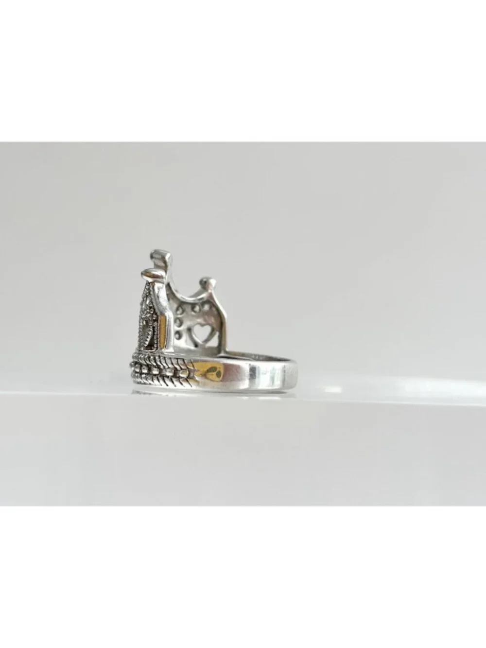 Crown Shaped Milgrain CZ Stone Beaded Sterling Silver 925 Vintage Ring - sz 6